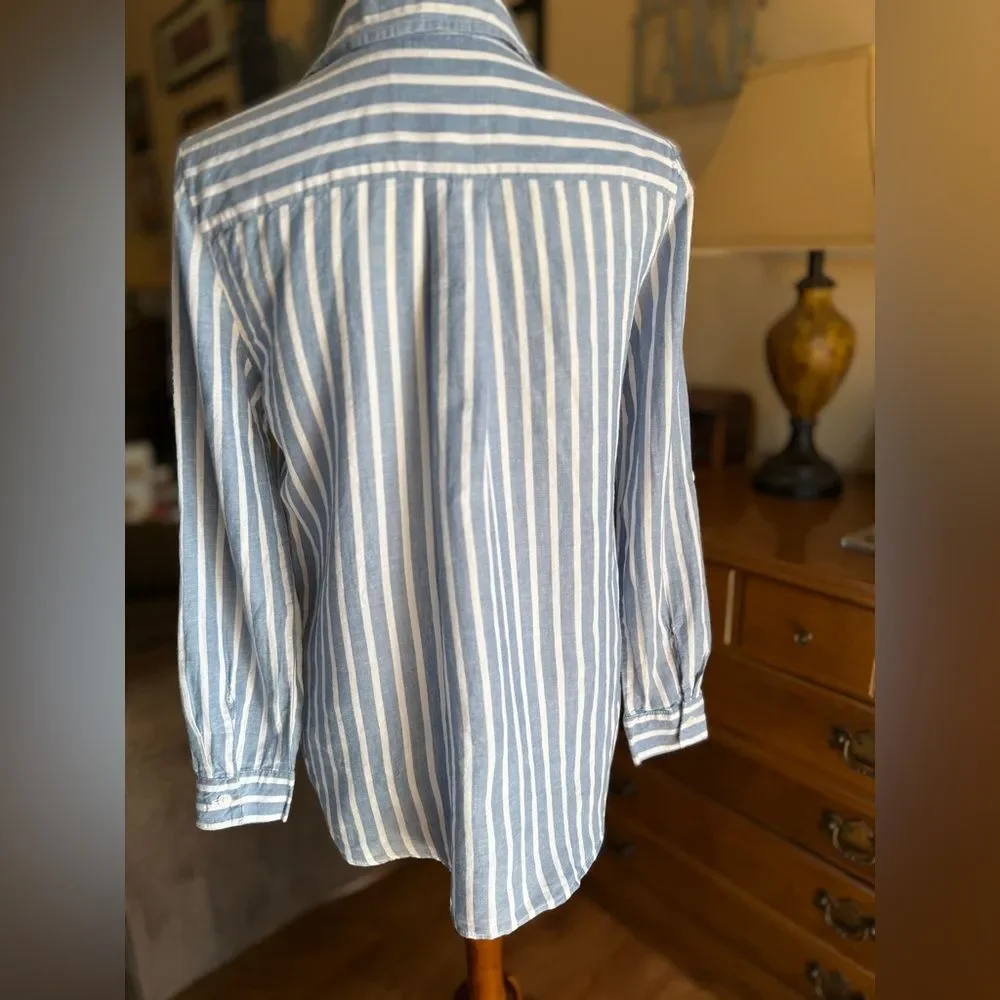 Lola River Tencel Linen Women’s Button Tie
Front Collared Pockets Striped Shirt - Picture 5 of 11